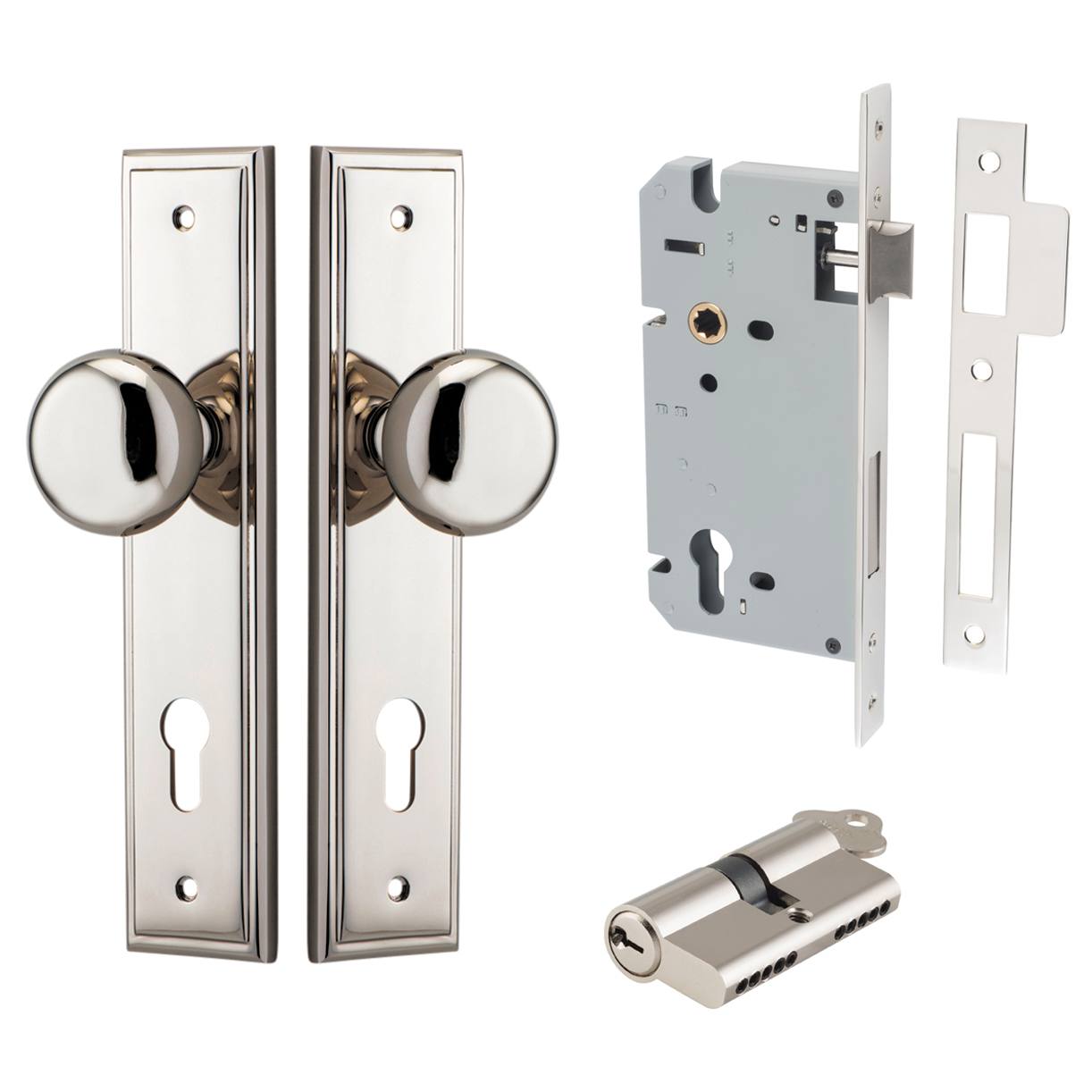 Cambridge Knob Stepped Backplate Entrance Kit w High Security Lock Polished Nickel