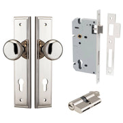 Cambridge Knob Stepped Backplate Entrance Kit w High Security Lock Polished Nickel
