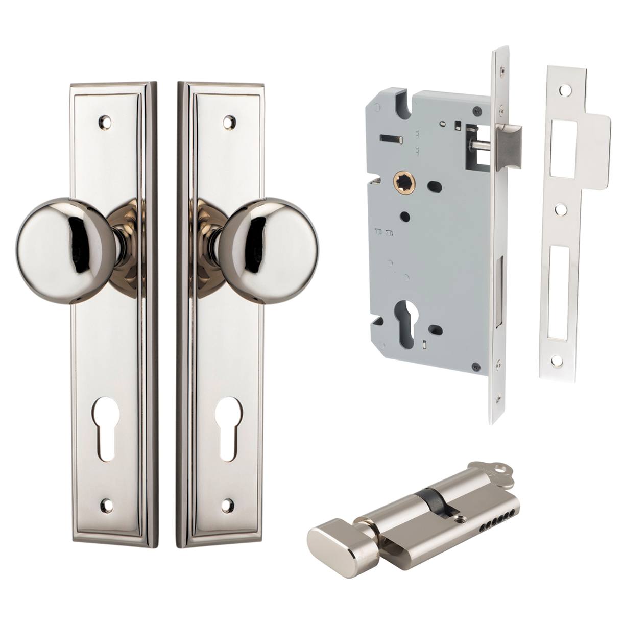 Cambridge Knob Stepped Backplate Entrance Kit w High Security Lock Polished Nickel