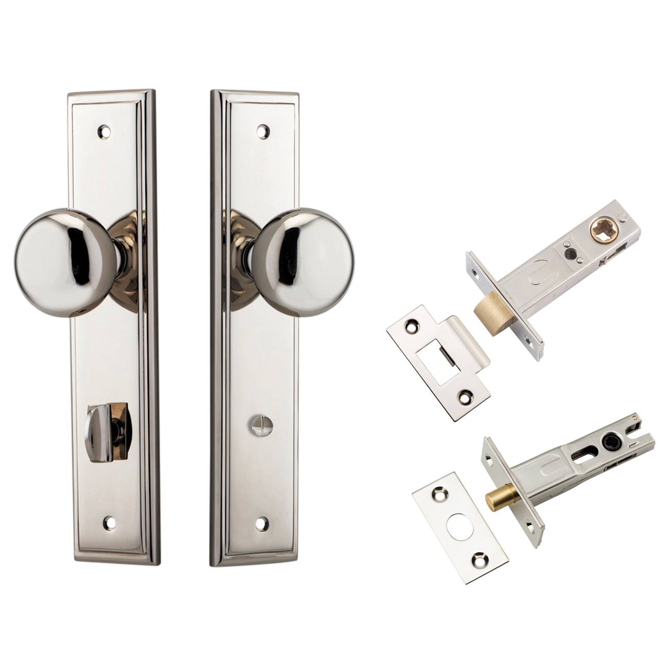 Cambridge Knob Stepped Backplate Privacy Kit w Privacy Turn Polished Nickel