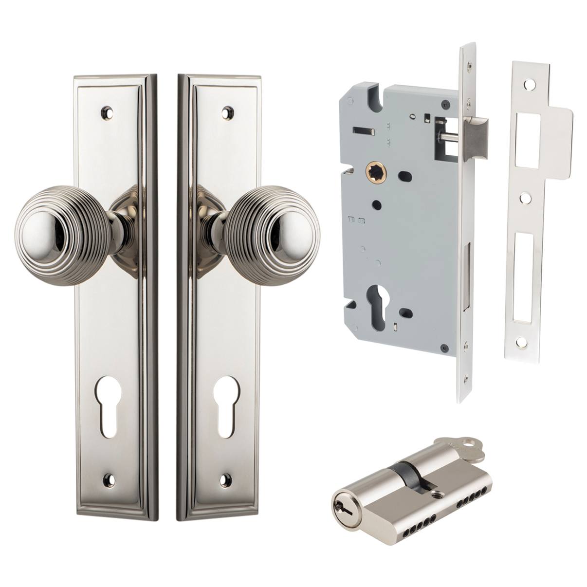 Guildford Knob Stepped Backplate Entrance Kit w High Security Lock Polished Nickel