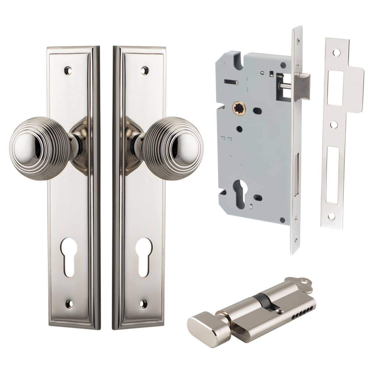 Guildford Knob Stepped Backplate Entrance Kit w High Security Lock Polished Nickel