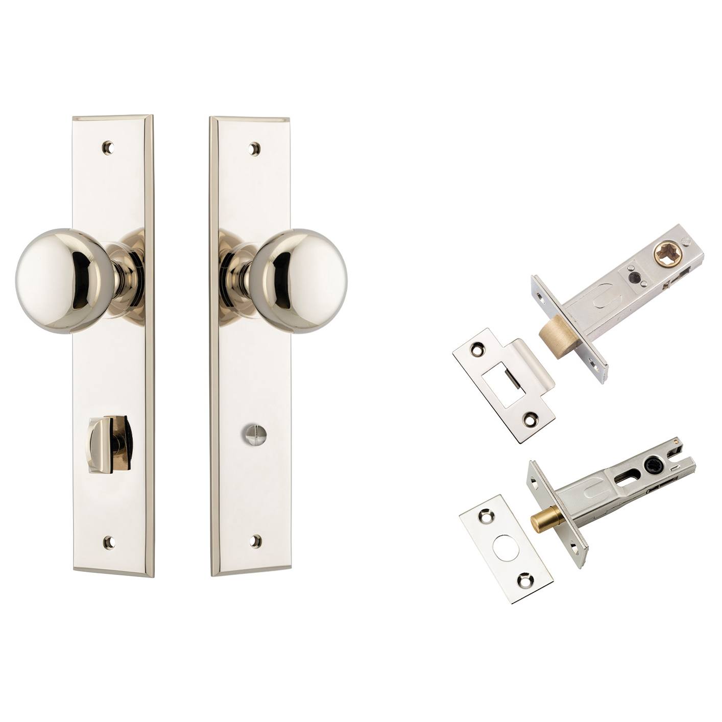Cambridge Knob Chamfered Backplate Privacy Kit w Privacy Turn Polished Nickel