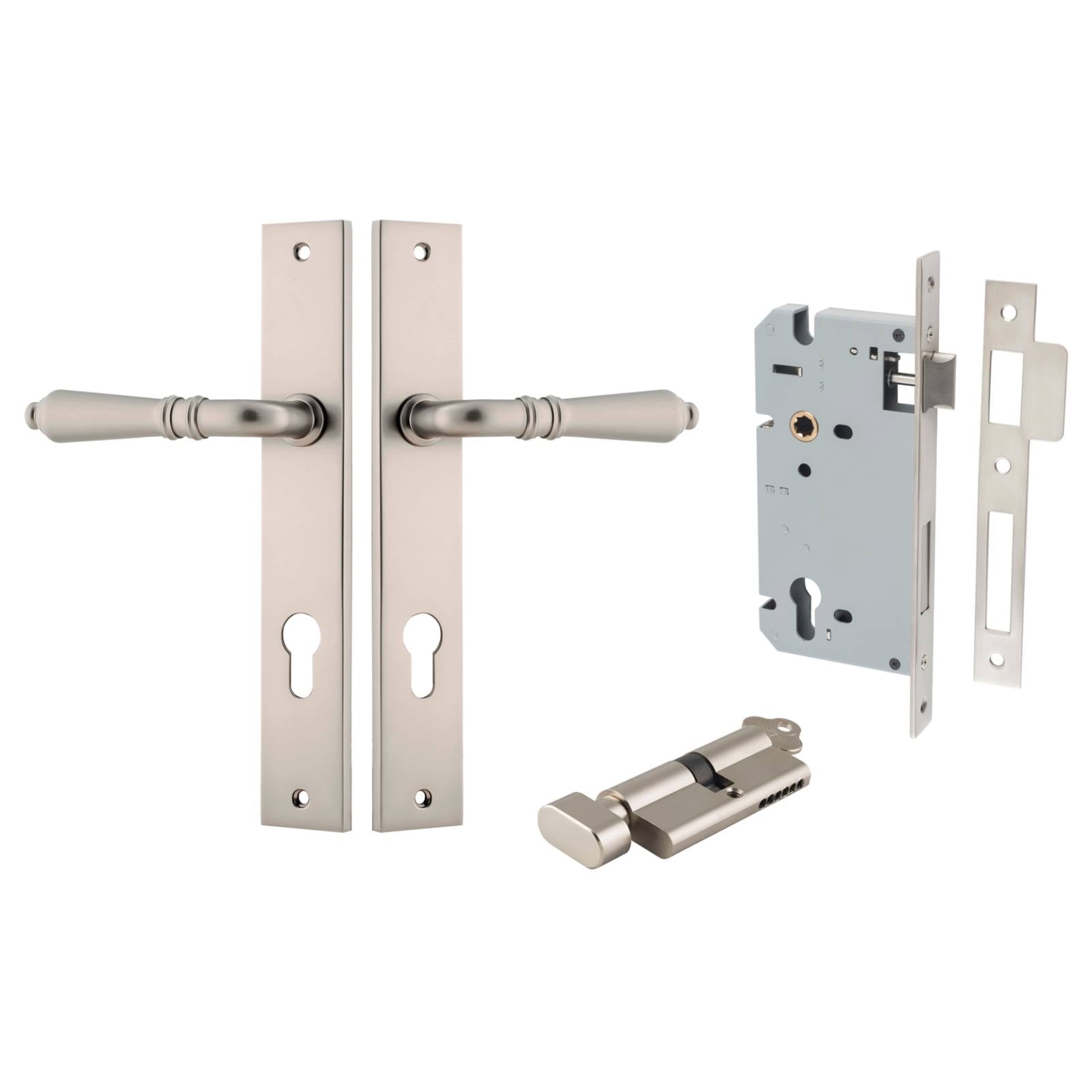 Sarlat Lever Rectangular Backplate Entrance Kit w High Security Lock Satin Nickel
