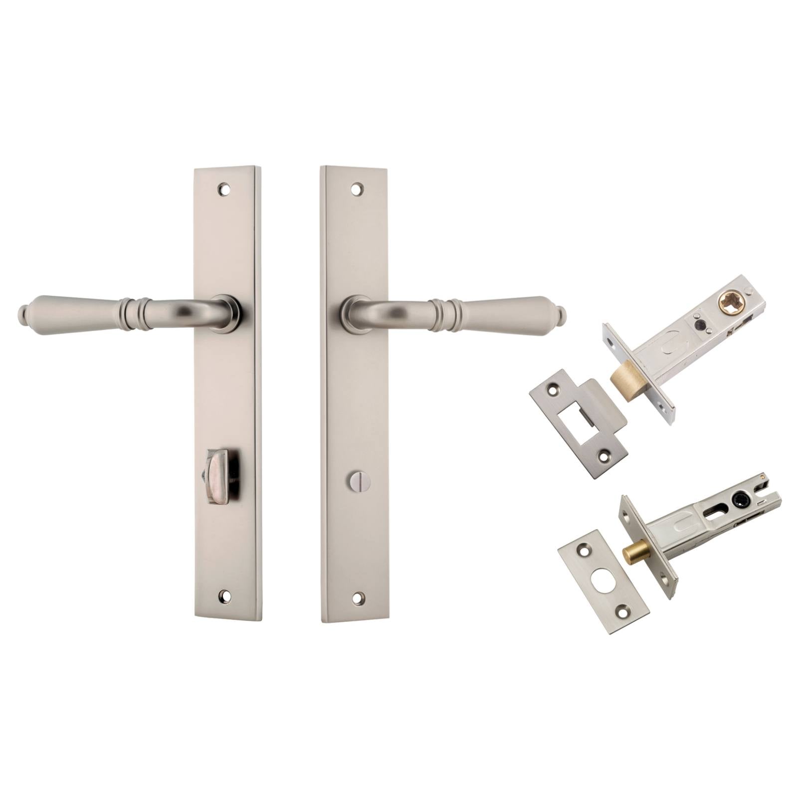 Sarlat Lever Rectangular Backplate Privacy Kit w Privacy Turn Satin Nickel