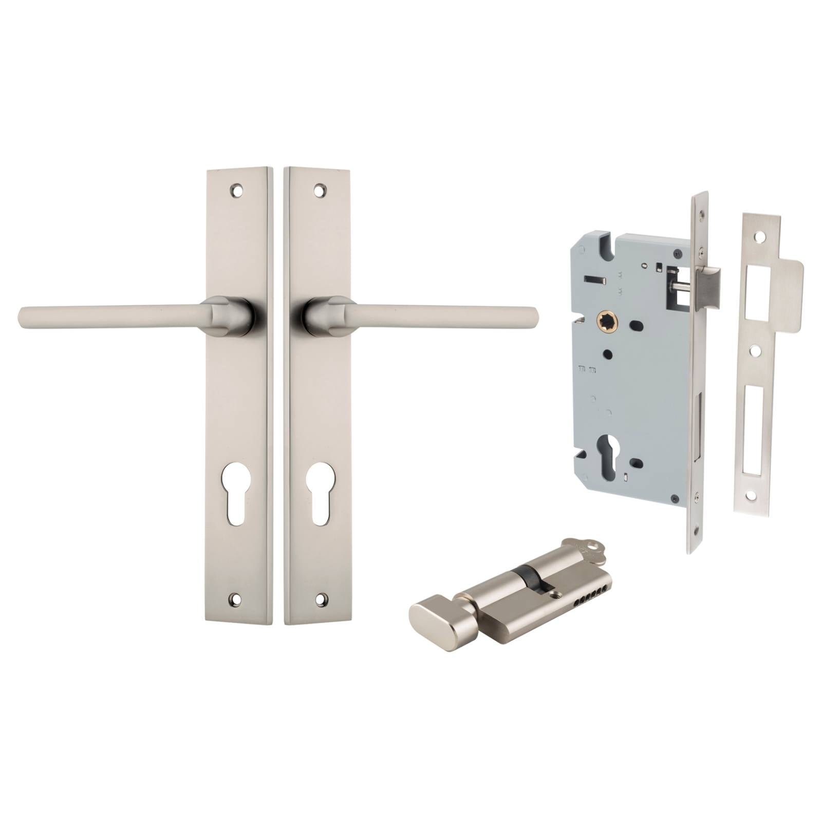 Baltimore Lever Rectangular Backplate Entrance Kit w High Security Lock Satin Nickel