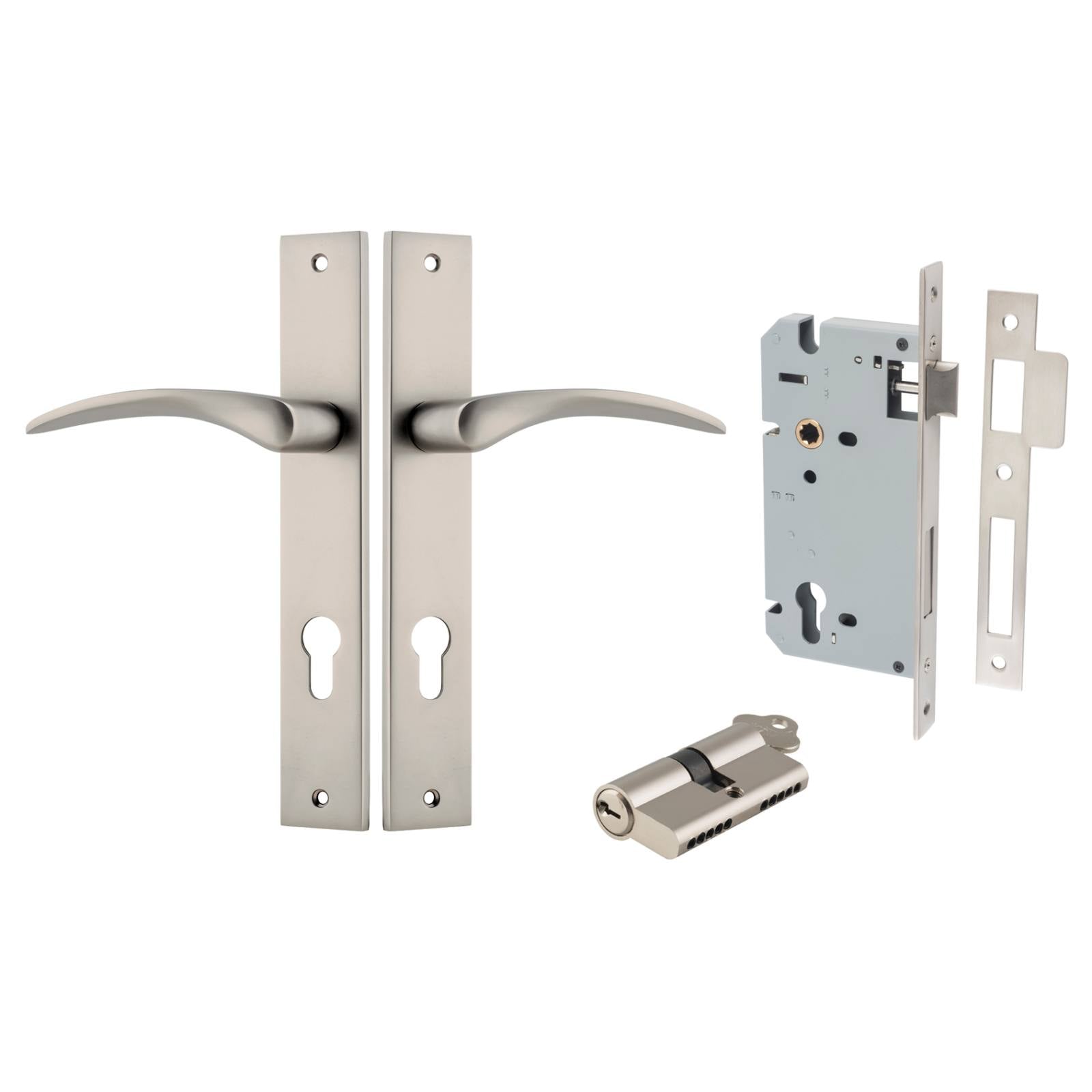 Oxford Lever Rectangular Backplate Entrance Kit w High Security Lock Satin Nickel