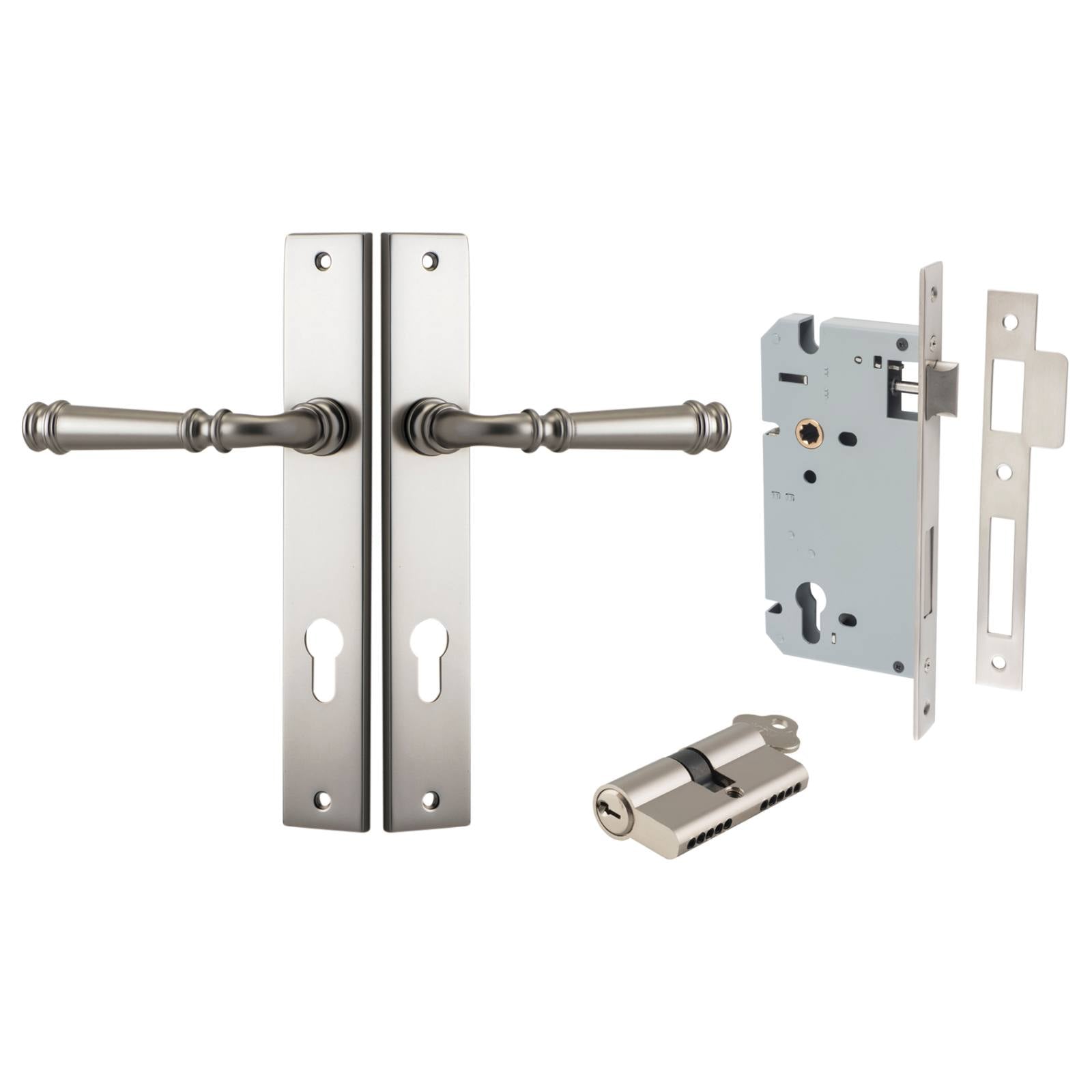 Verona Lever Rectangular Backplate Entrance Kit w High Security Lock Satin Nickel