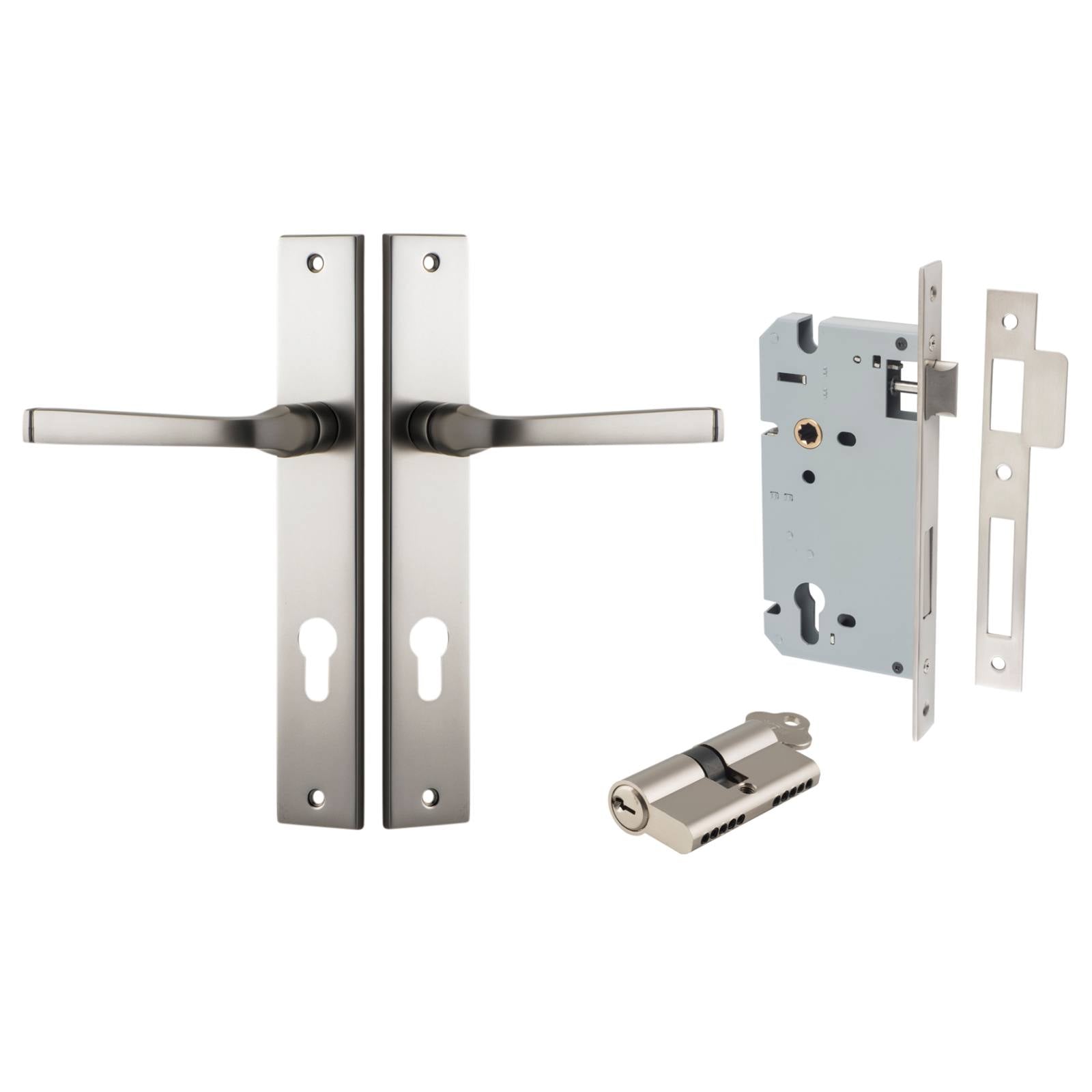 Annecy Lever Rectangular Backplate Entrance Kit w High Security Lock Satin Nickel