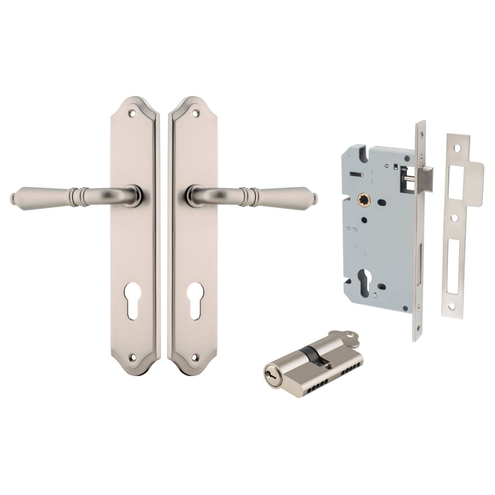 Sarlat Lever Shouldered Backplate Entrance Kit w High Security Lock Satin Nickel