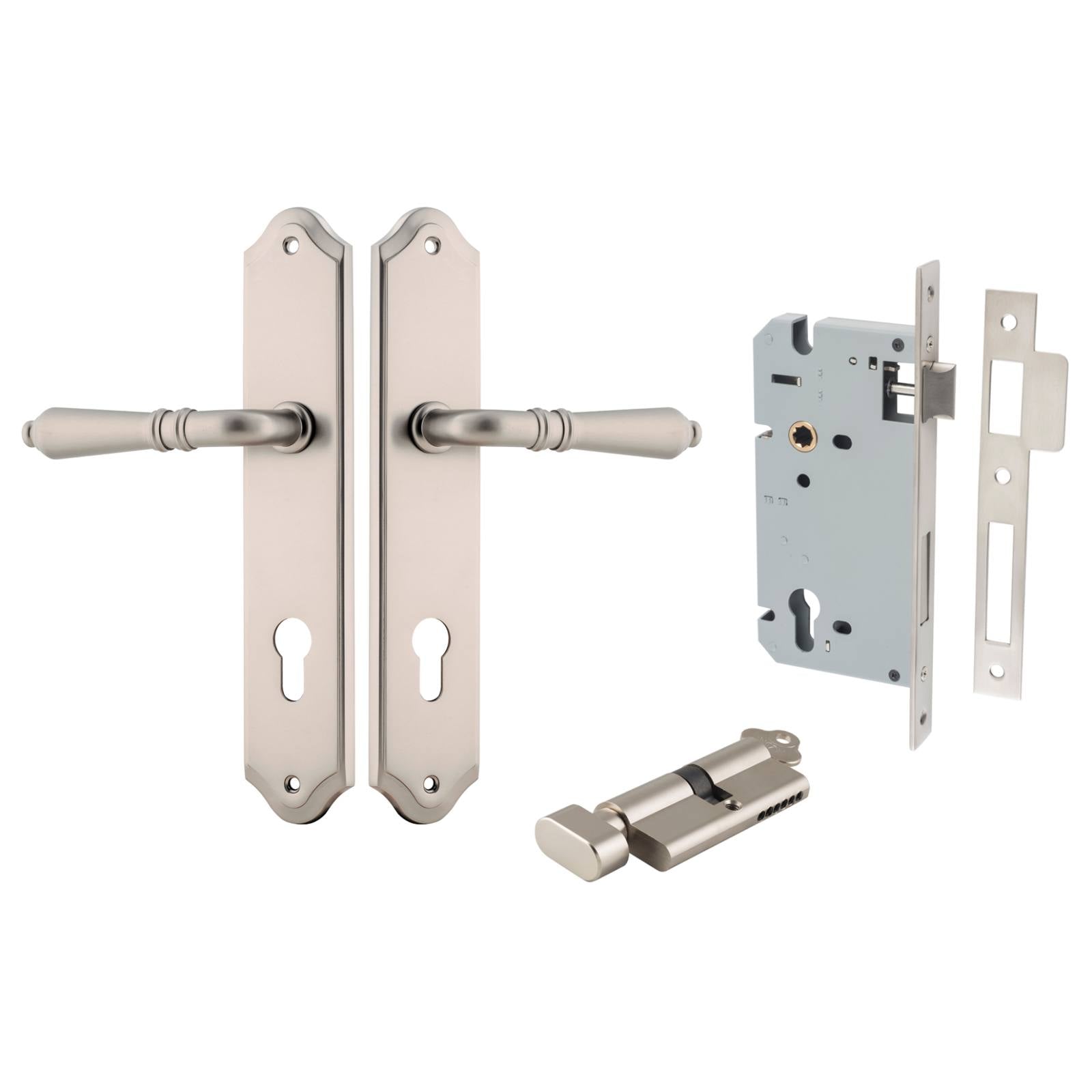 Sarlat Lever Shouldered Backplate Entrance Kit w High Security Lock Satin Nickel