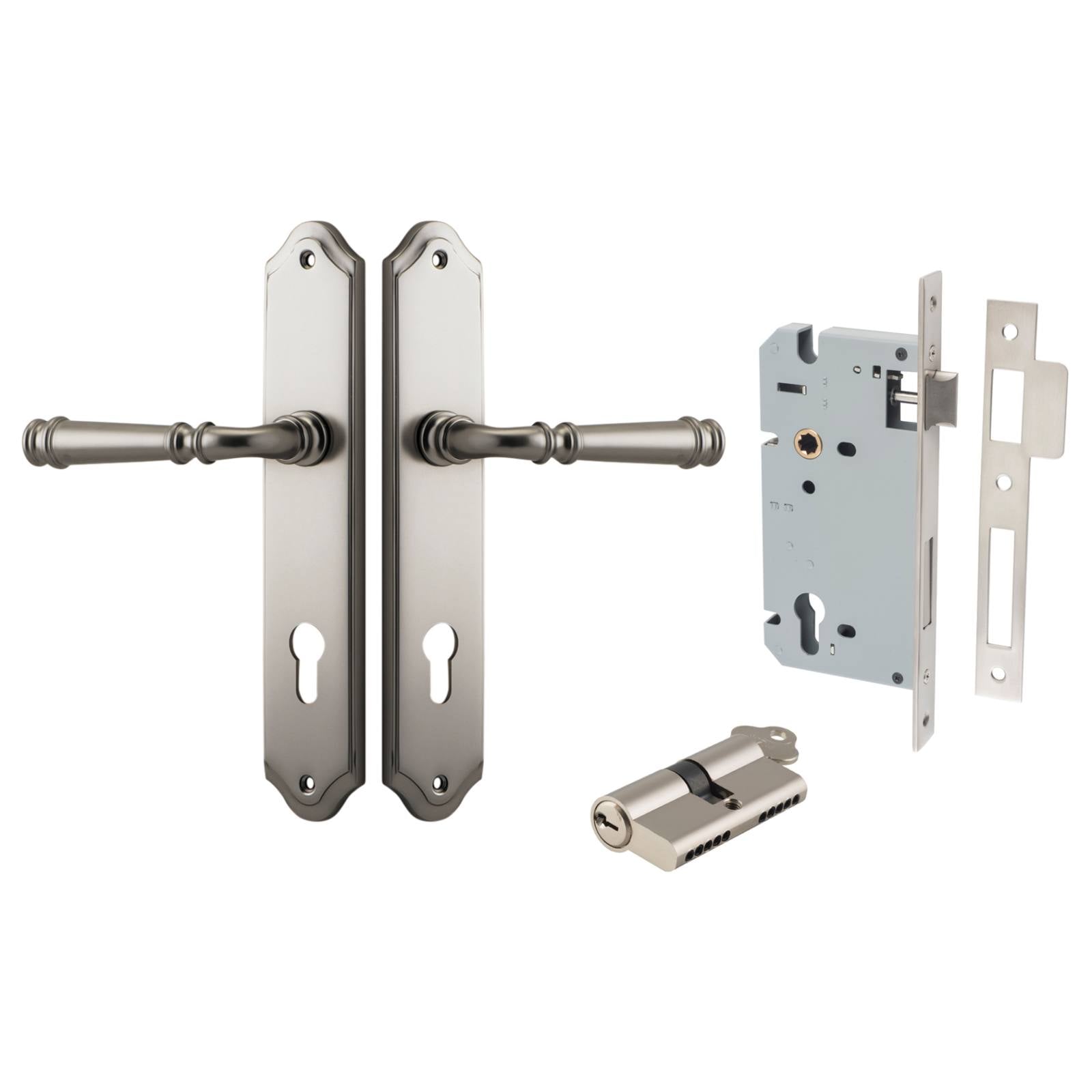 Verona Lever Shouldered Backplate Entrance Kit w High Security Lock Satin Nickel