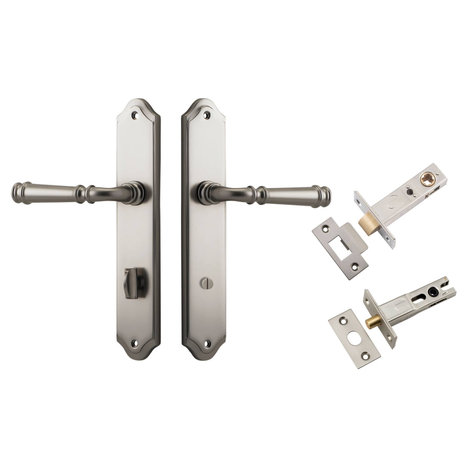 Verona Lever Shouldered Backplate Privacy Kit w Privacy Turn Satin Nickel