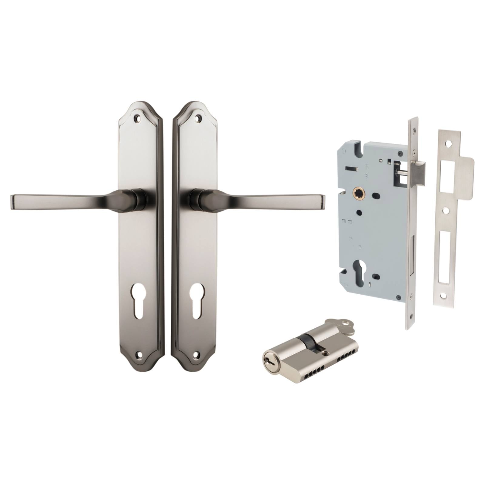 Annecy Lever Shouldered Backplate Entrance Kit w High Security Lock Satin Nickel