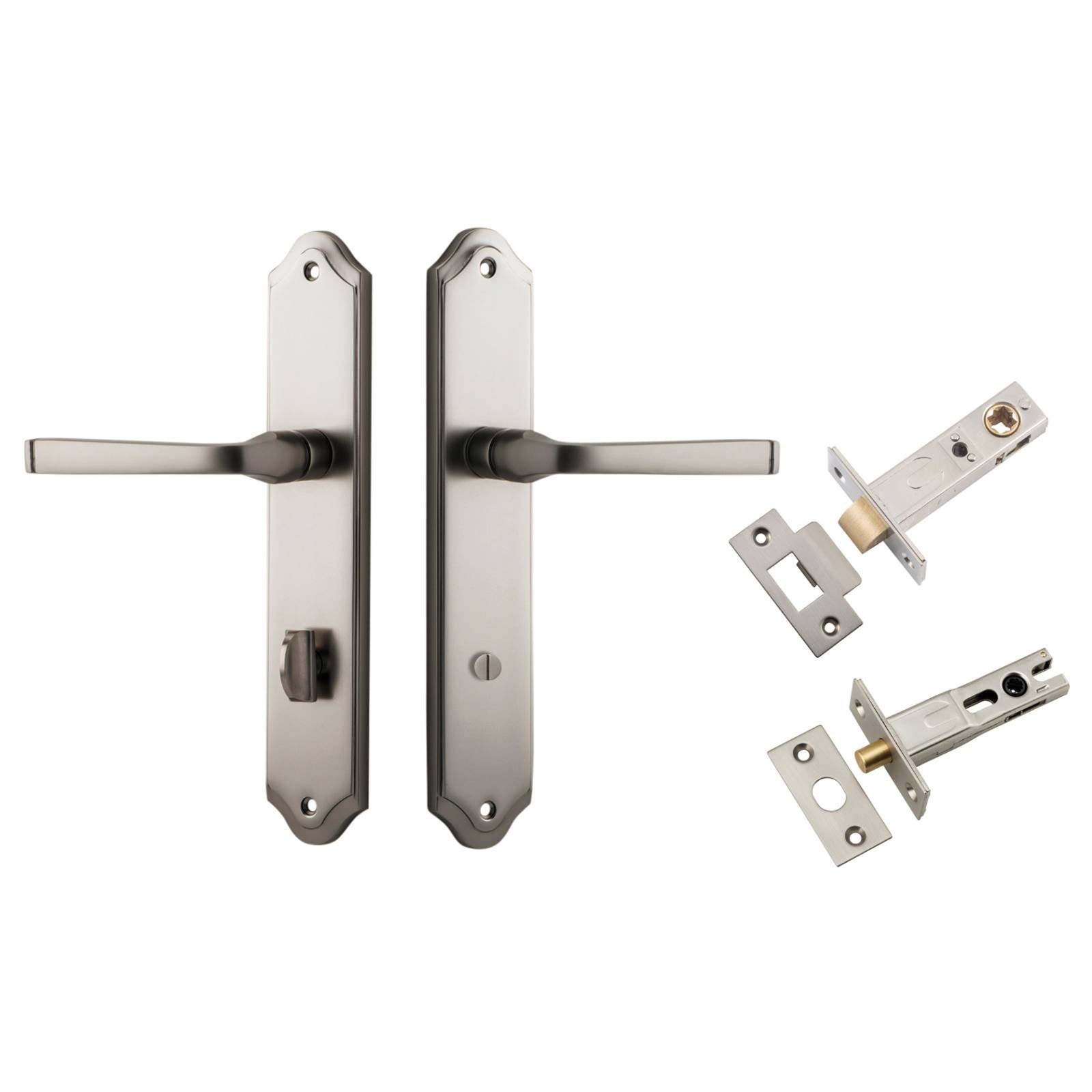 Annecy Lever Shouldered Backplate Privacy Kit w Privacy Turn Satin Nickel