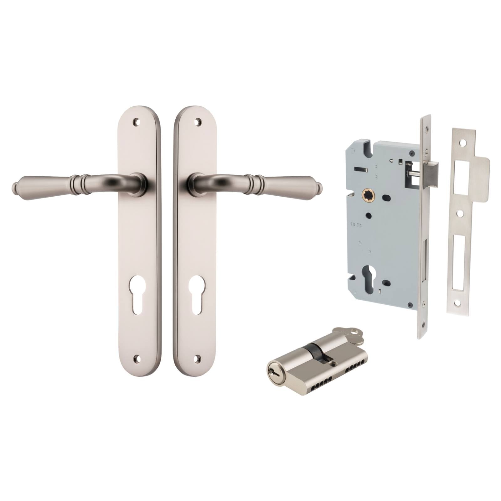Sarlat Lever Oval Backplate Entrance Kit w High Security Lock Satin Nickel