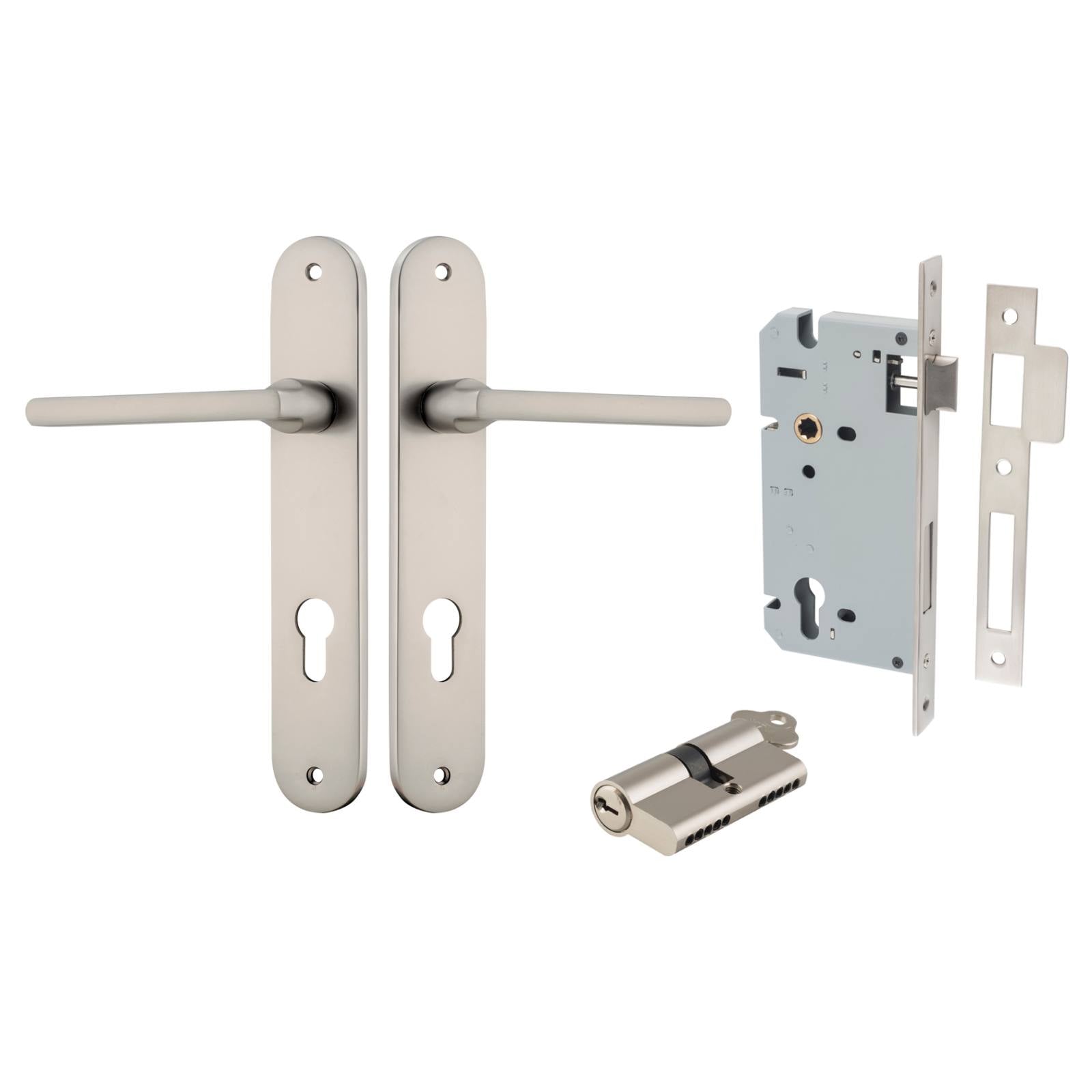 Baltimore Lever Oval Backplate Entrance Kit w High Security Lock Satin Nickel