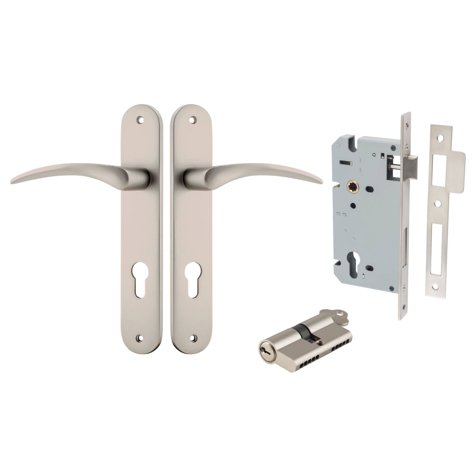 Oxford Lever Oval Backplate Entrance Kit w High Security Lock Satin Nickel