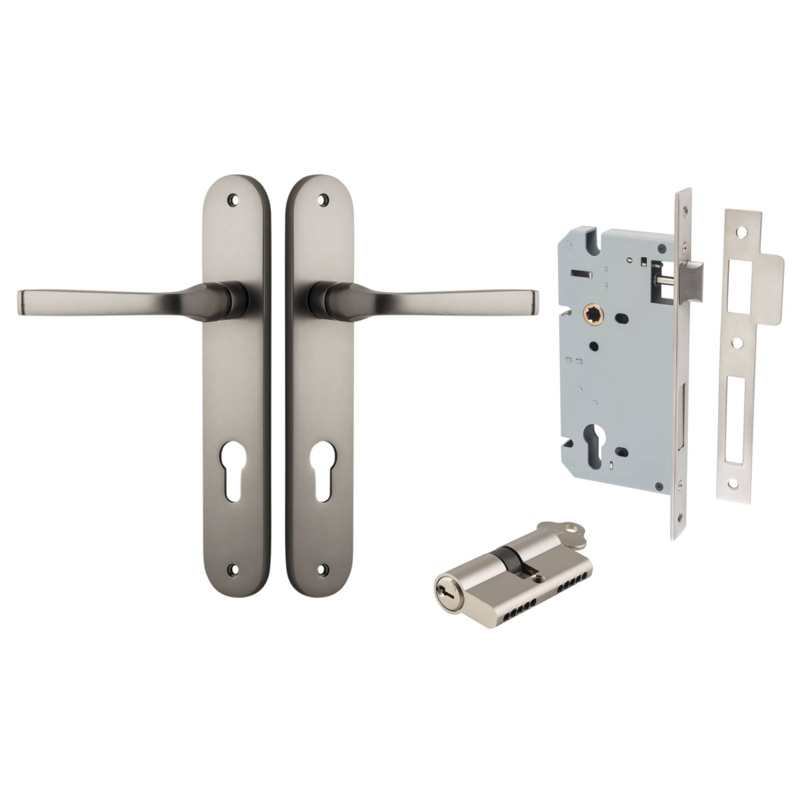 Annecy Lever Oval Backplate Entrance Kit w High Security Lock Satin Nickel