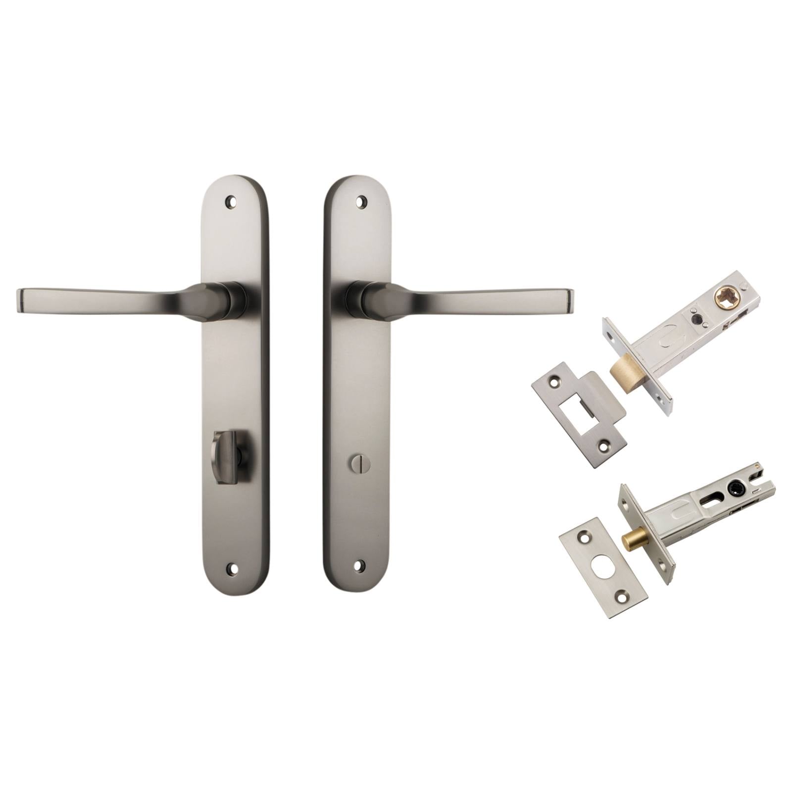 Annecy Lever Oval Backplate Privacy Kit w Privacy Turn Satin Nickel