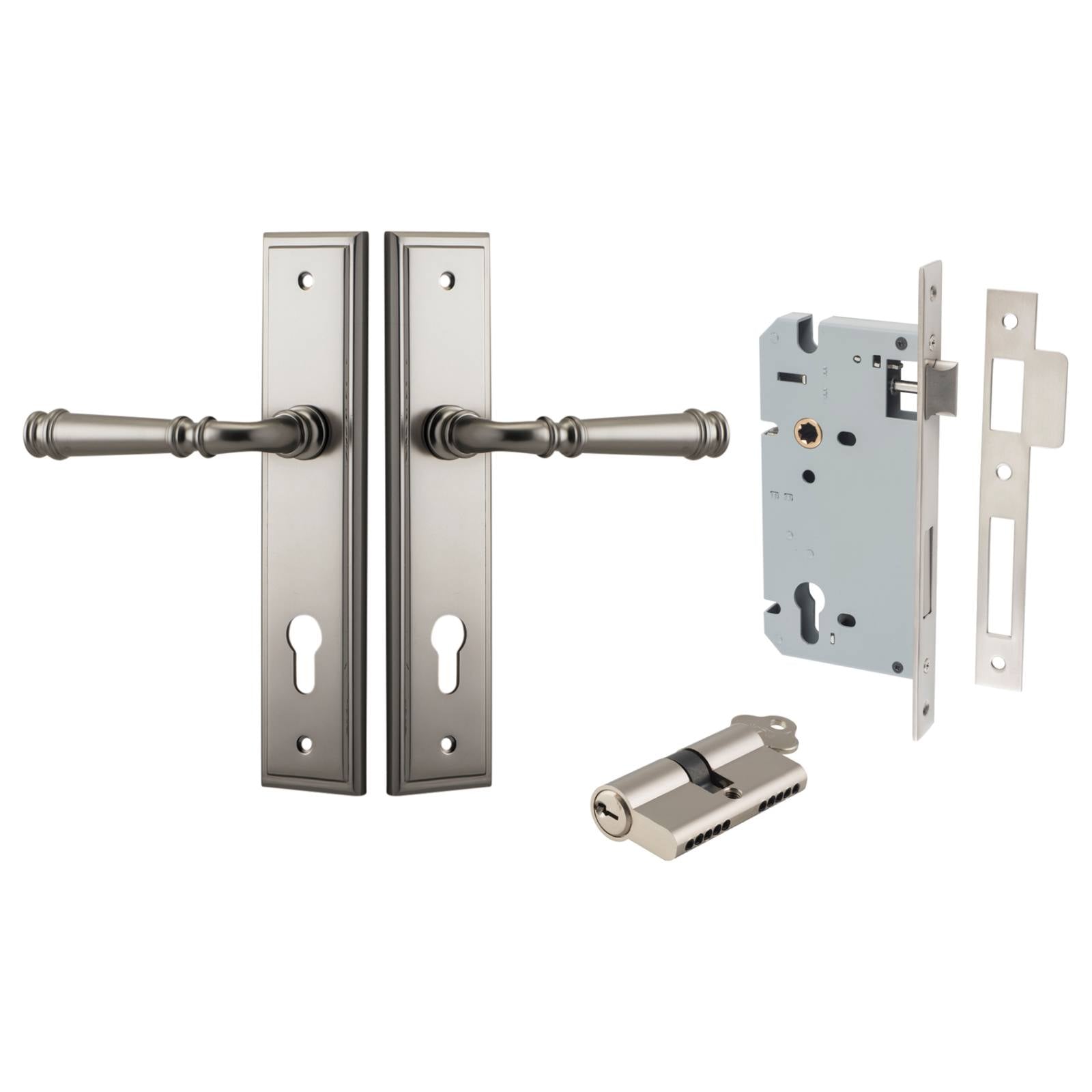 Verona Lever Stepped Backplate Entrance Kit w High Security Lock Satin Nickel