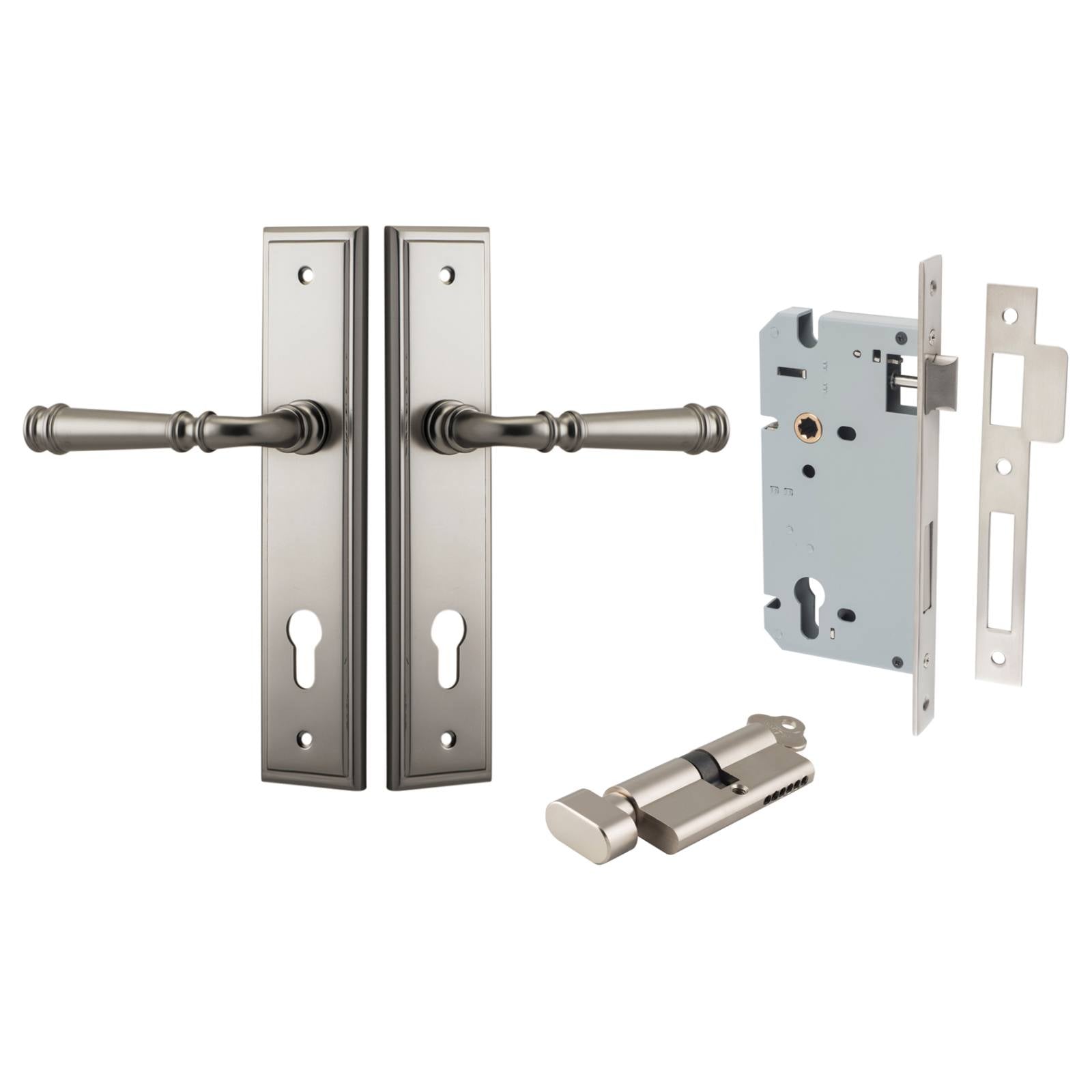 Verona Lever Stepped Backplate Entrance Kit w High Security Lock Satin Nickel