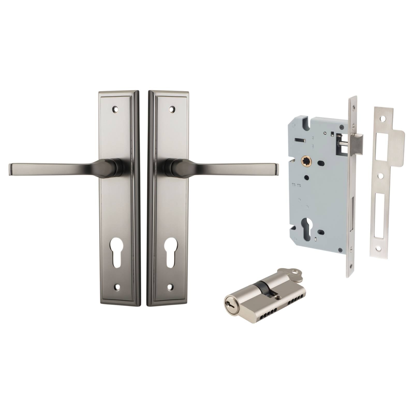 Annecy Lever Stepped Backplate Entrance Kit w High Security Lock Satin Nickel
