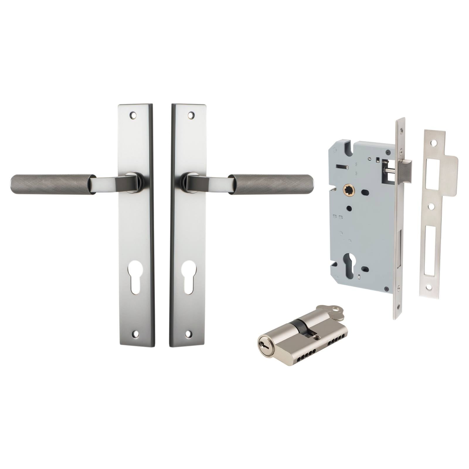 Brunswick Lever Rectangular Backplate Entrance Kit w High Security Lock Satin Nickel