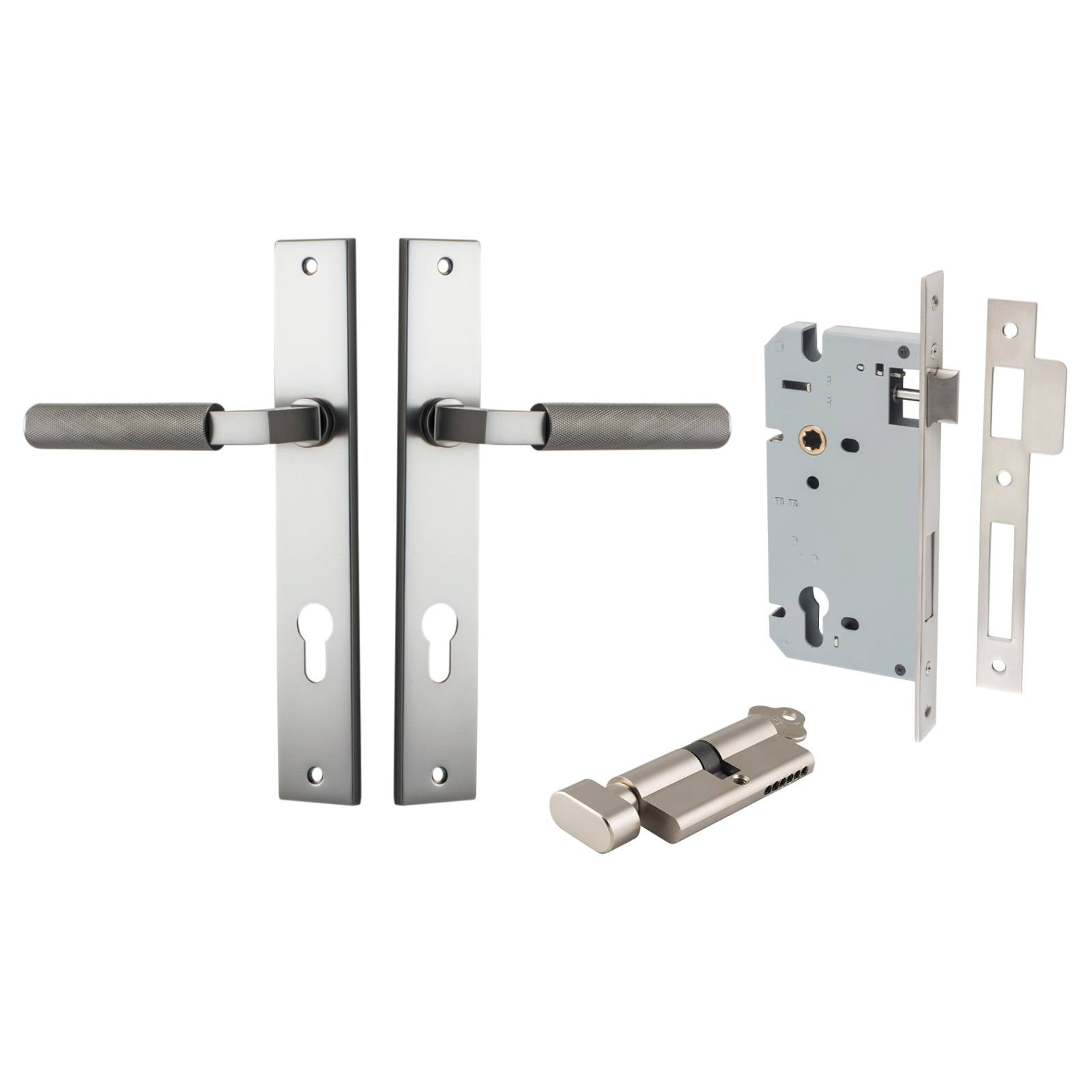 Brunswick Lever Rectangular Backplate Entrance Kit w High Security Lock Satin Nickel