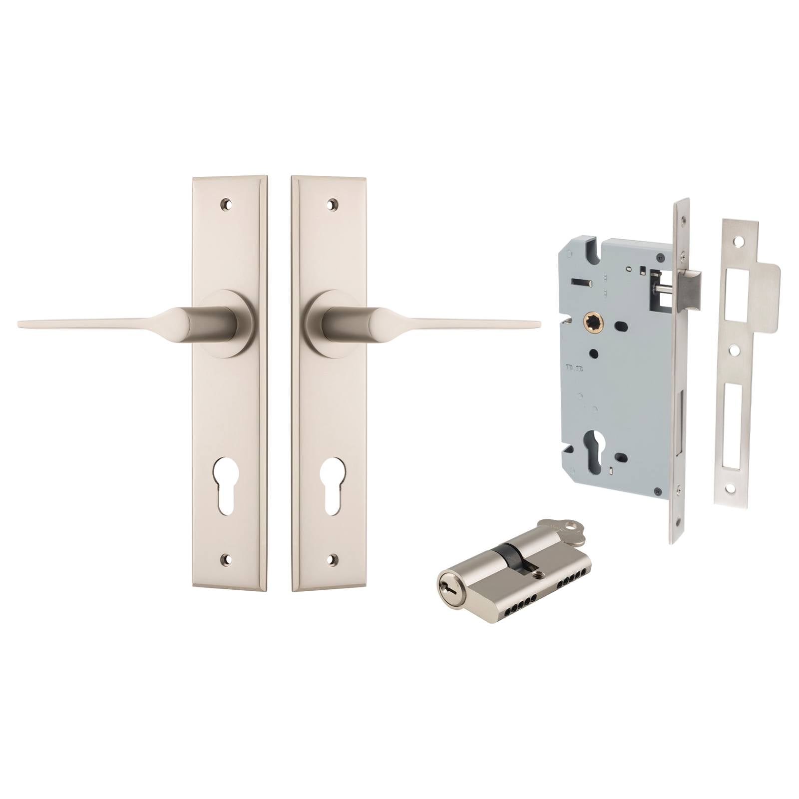 Como Lever Chamfered Backplate Entrance Kit w High Security Lock Satin Nickel