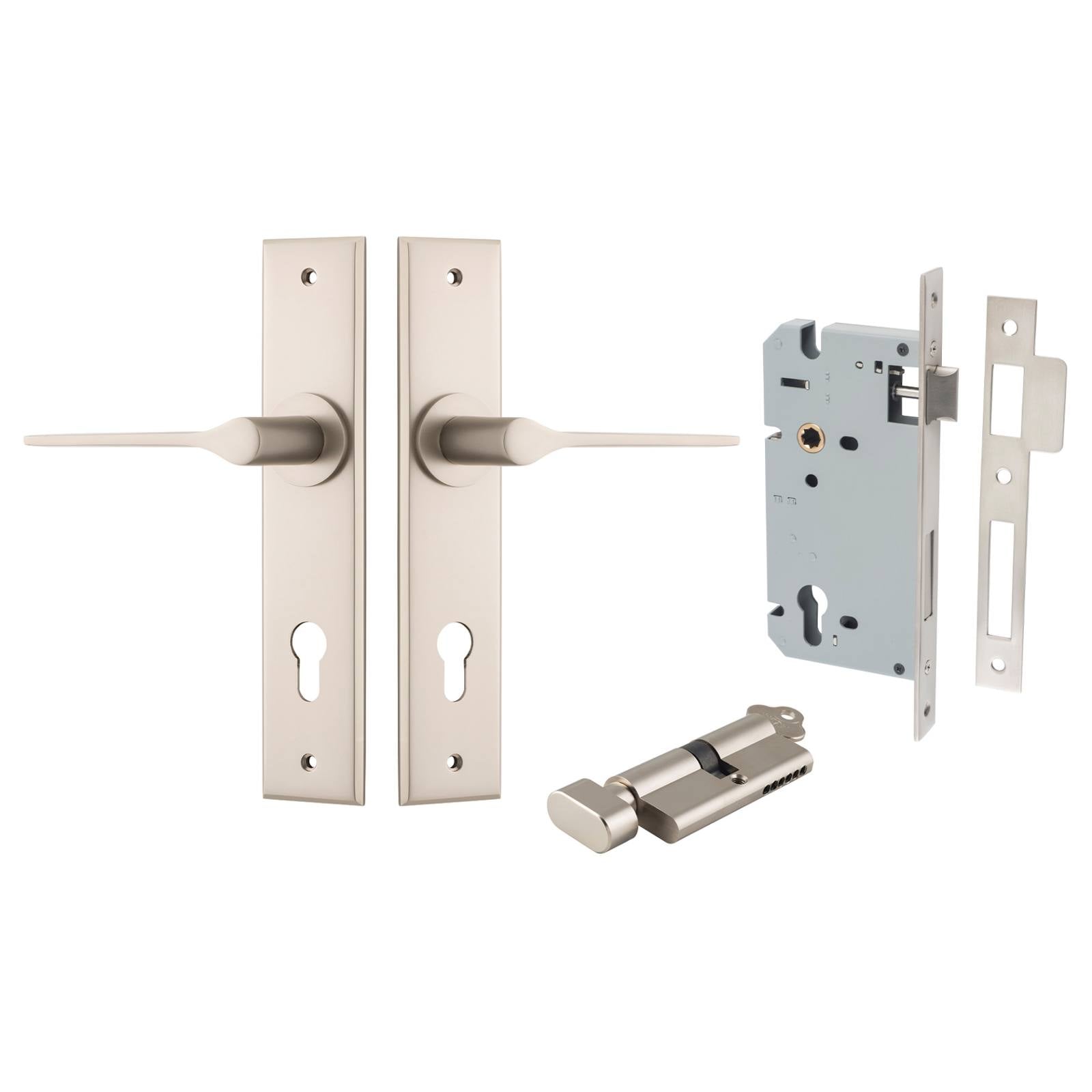 Como Lever Chamfered Backplate Entrance Kit w High Security Lock Satin Nickel