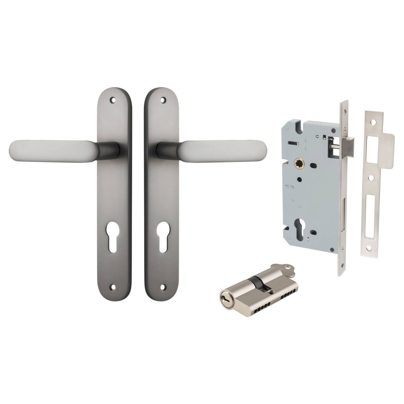 Bronte Lever Oval Backplate Entrance Kit w High Security Lock Satin Nickel