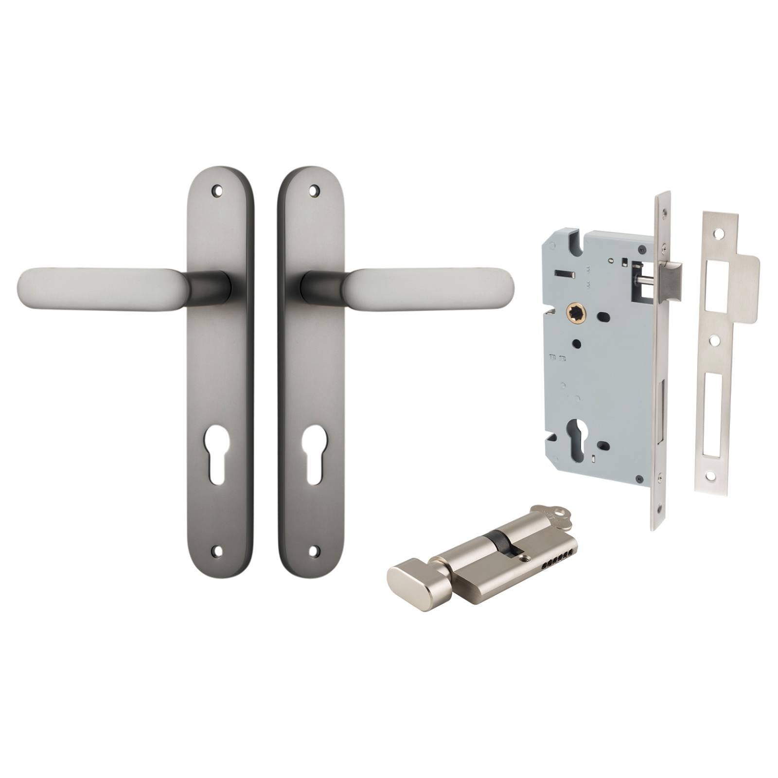 Bronte Lever Oval Backplate Entrance Kit w High Security Lock Satin Nickel