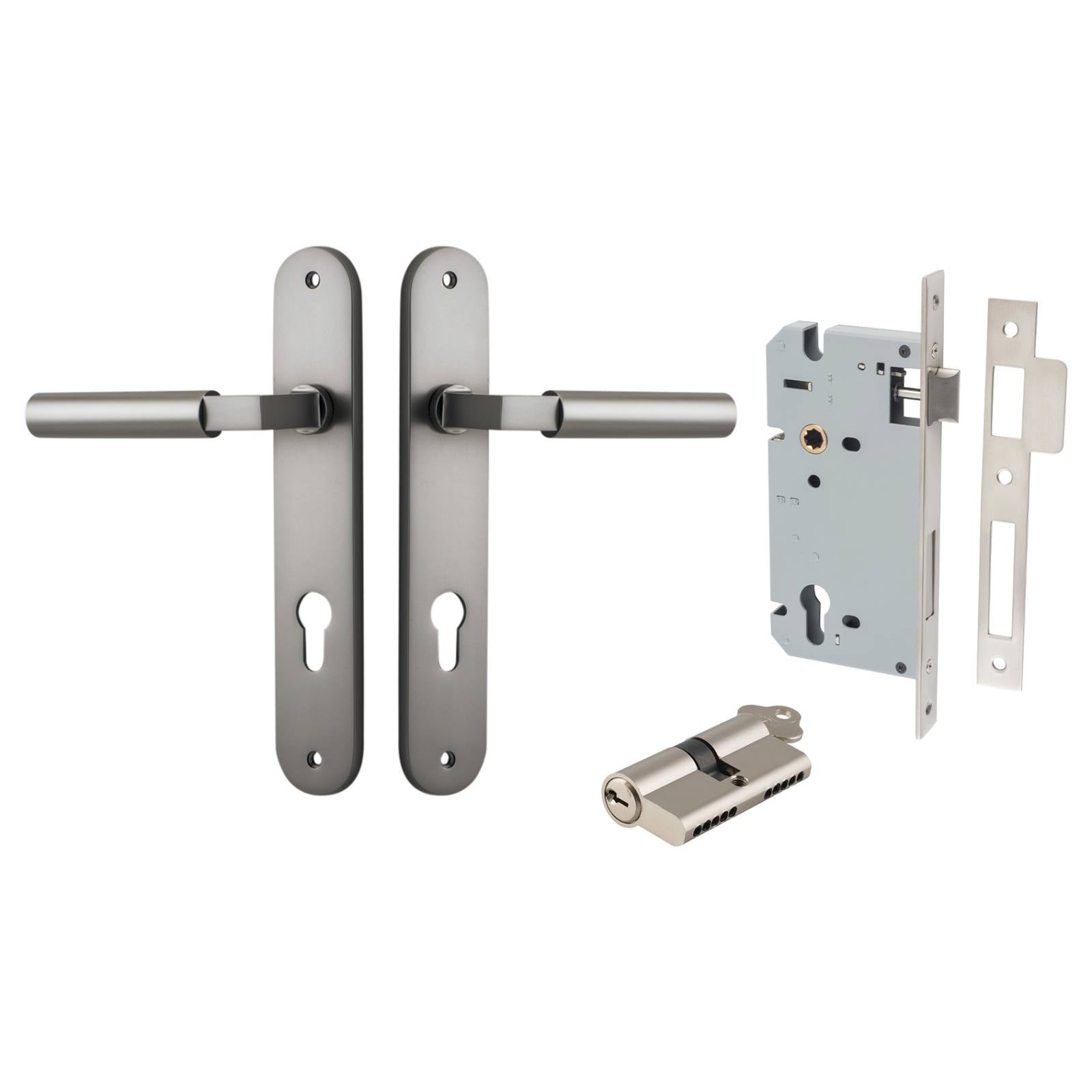 Berlin Lever Oval Backplate Entrance Kit w High Security Lock Satin Nickel