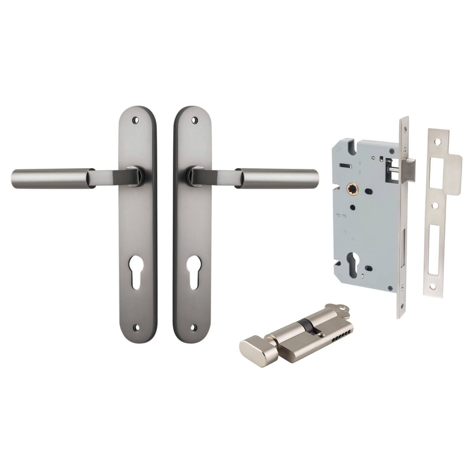 Berlin Lever Oval Backplate Entrance Kit w High Security Lock Satin Nickel