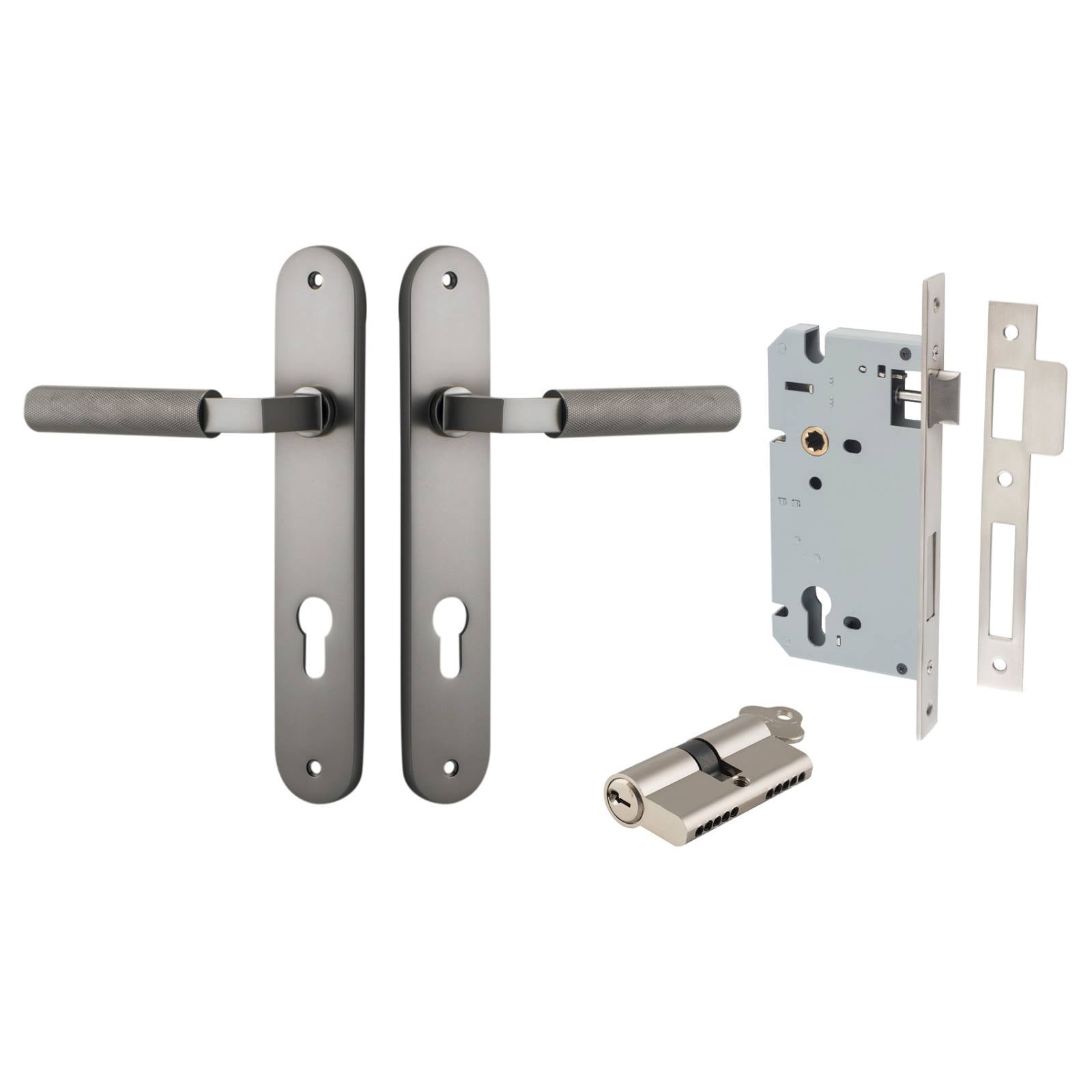 Brunswick Lever Oval Backplate Entrance Kit w High Security Lock Satin Nickel