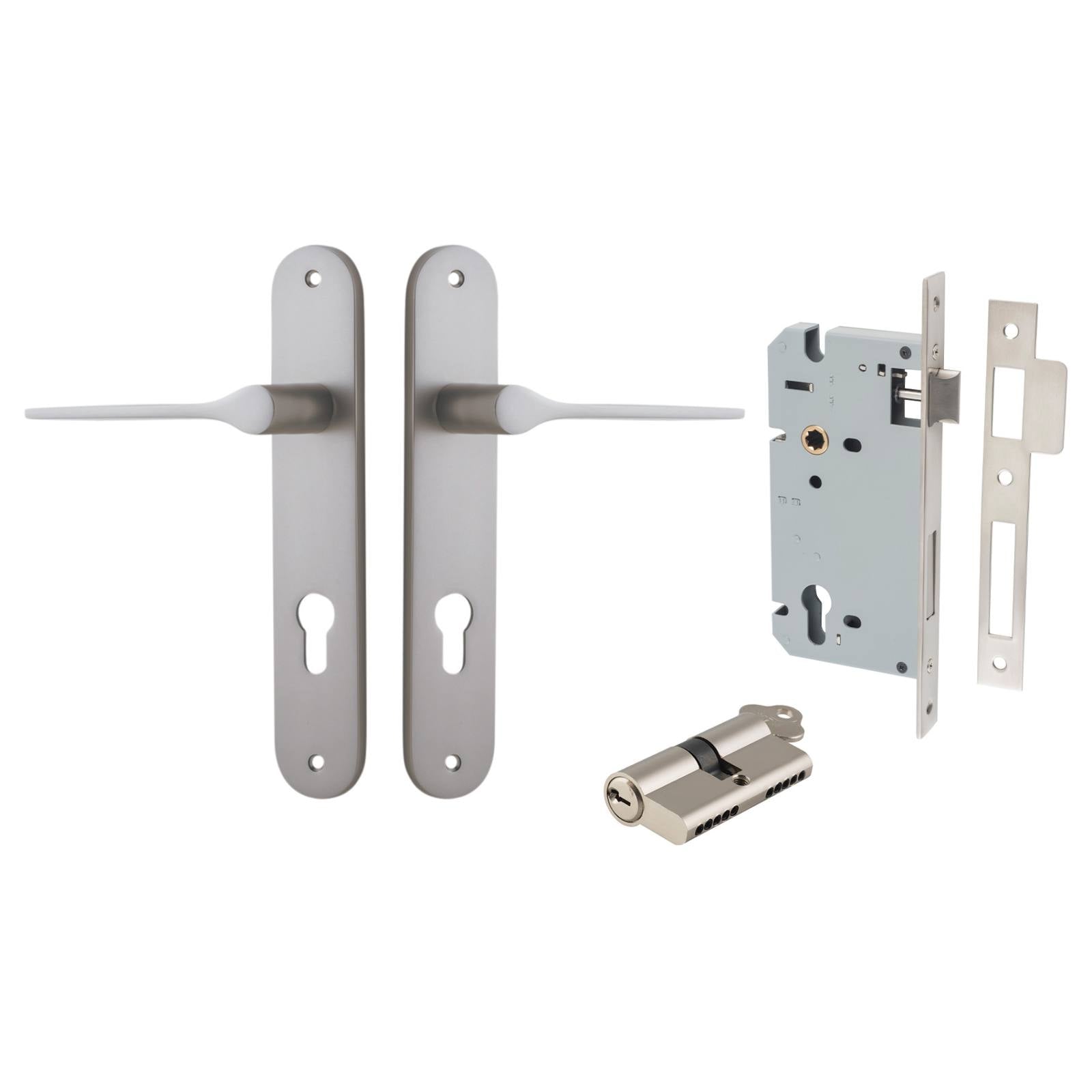 Como Lever Oval Backplate Entrance Kit w High Security Lock Satin Nickel
