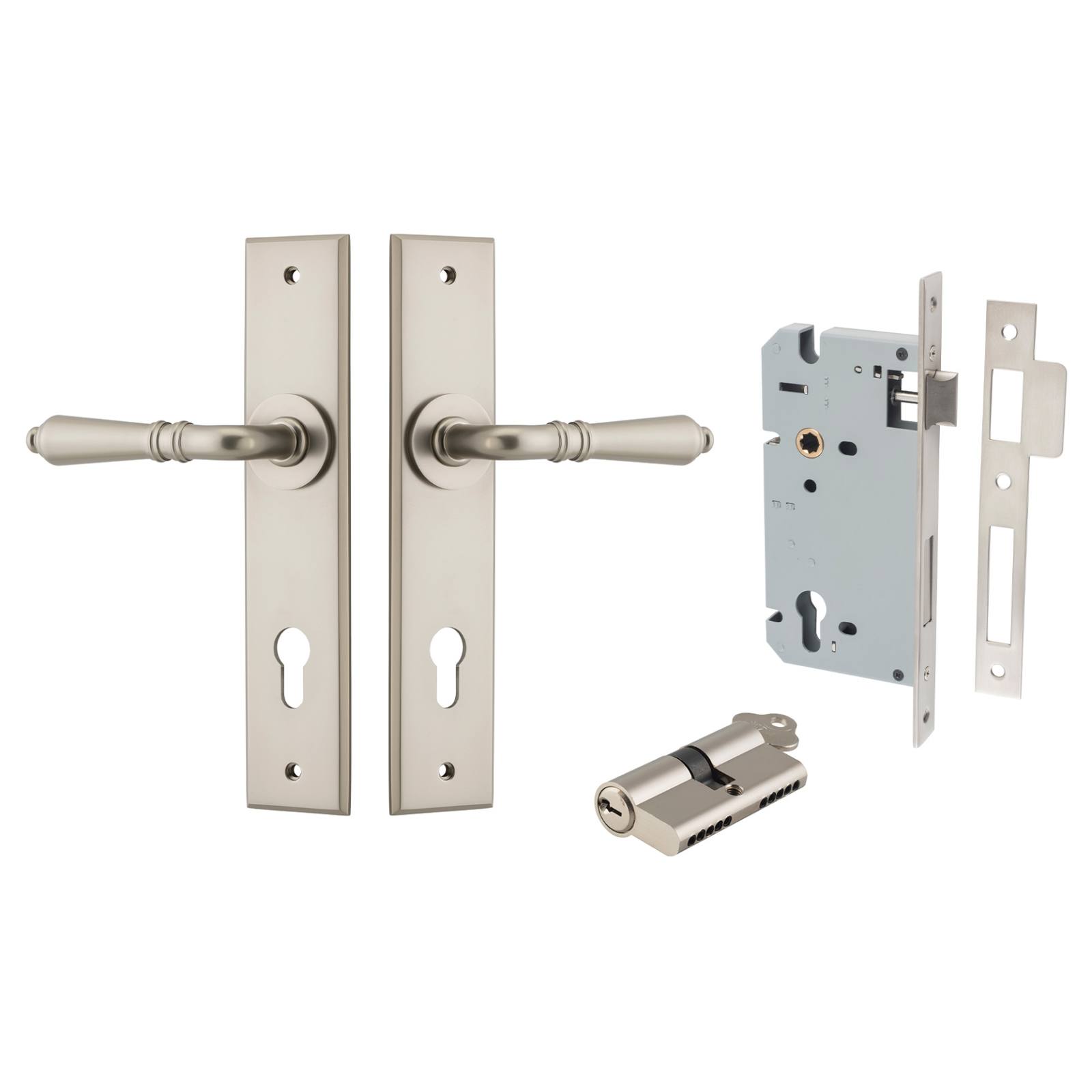 Sarlat Lever Chamfered Backplate Entrance Kit w High Security Lock Satin Nickel