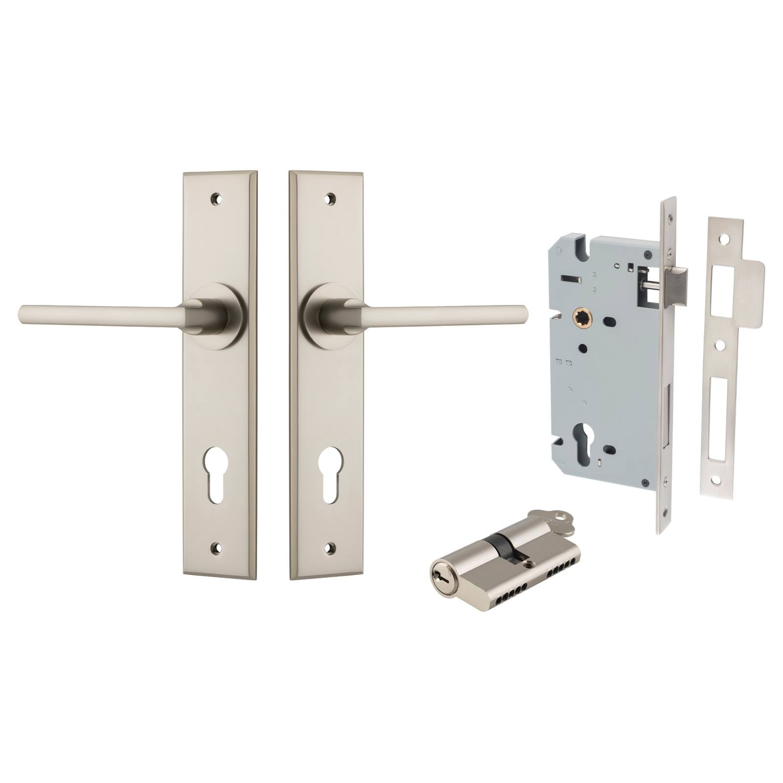 Baltimore Lever Chamfered Backplate Entrance Kit w High Security Lock Satin Nickel