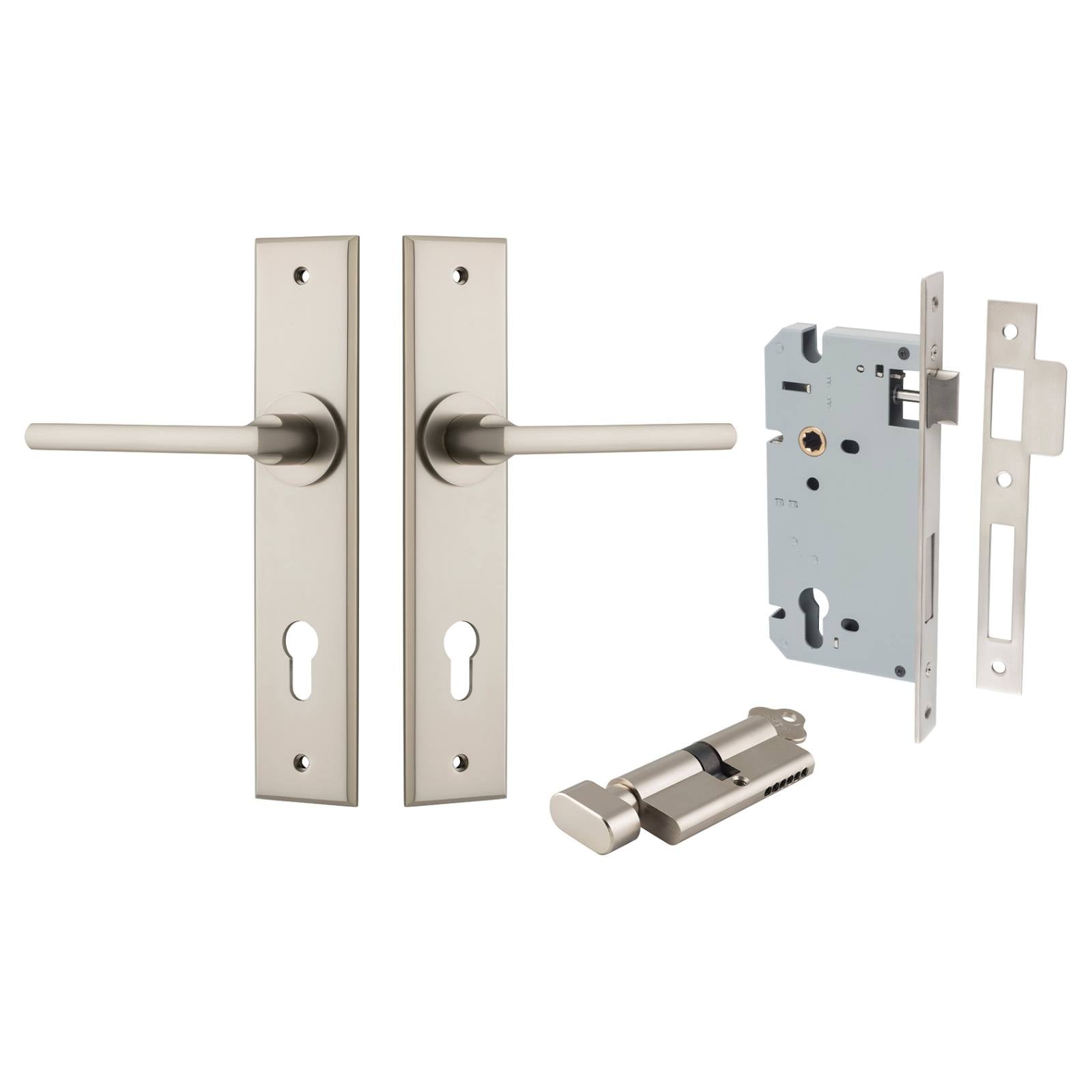 Baltimore Lever Chamfered Backplate Entrance Kit w High Security Lock Satin Nickel