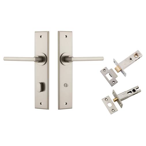 Baltimore Lever Chamfered Backplate Privacy Kit w Privacy Turn Satin Nickel