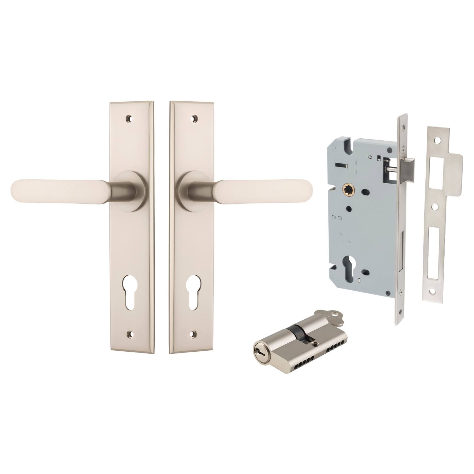 Bronte Lever Chamfered Backplate Entrance Kit w High Security Lock Satin Nickel