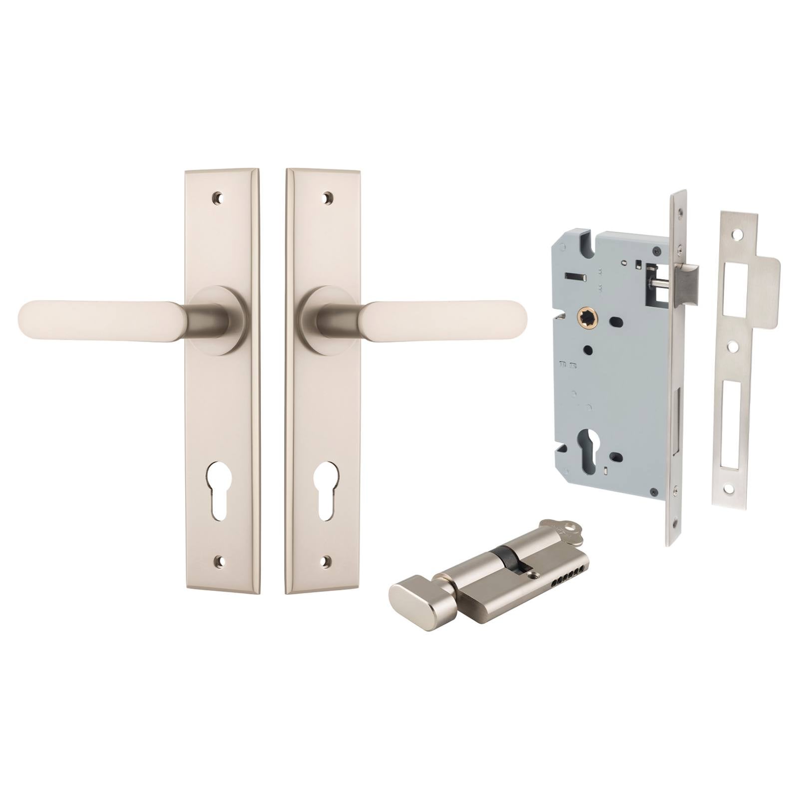 Bronte Lever Chamfered Backplate Entrance Kit w High Security Lock Satin Nickel