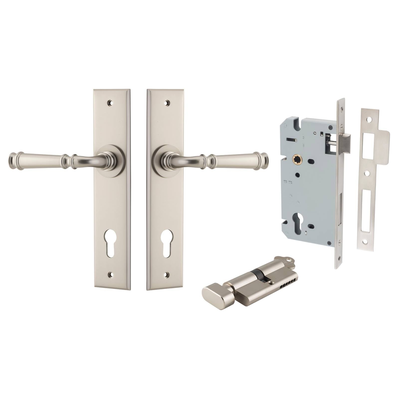 Verona Lever Chamfered Backplate Entrance Kit w High Security Lock Satin Nickel