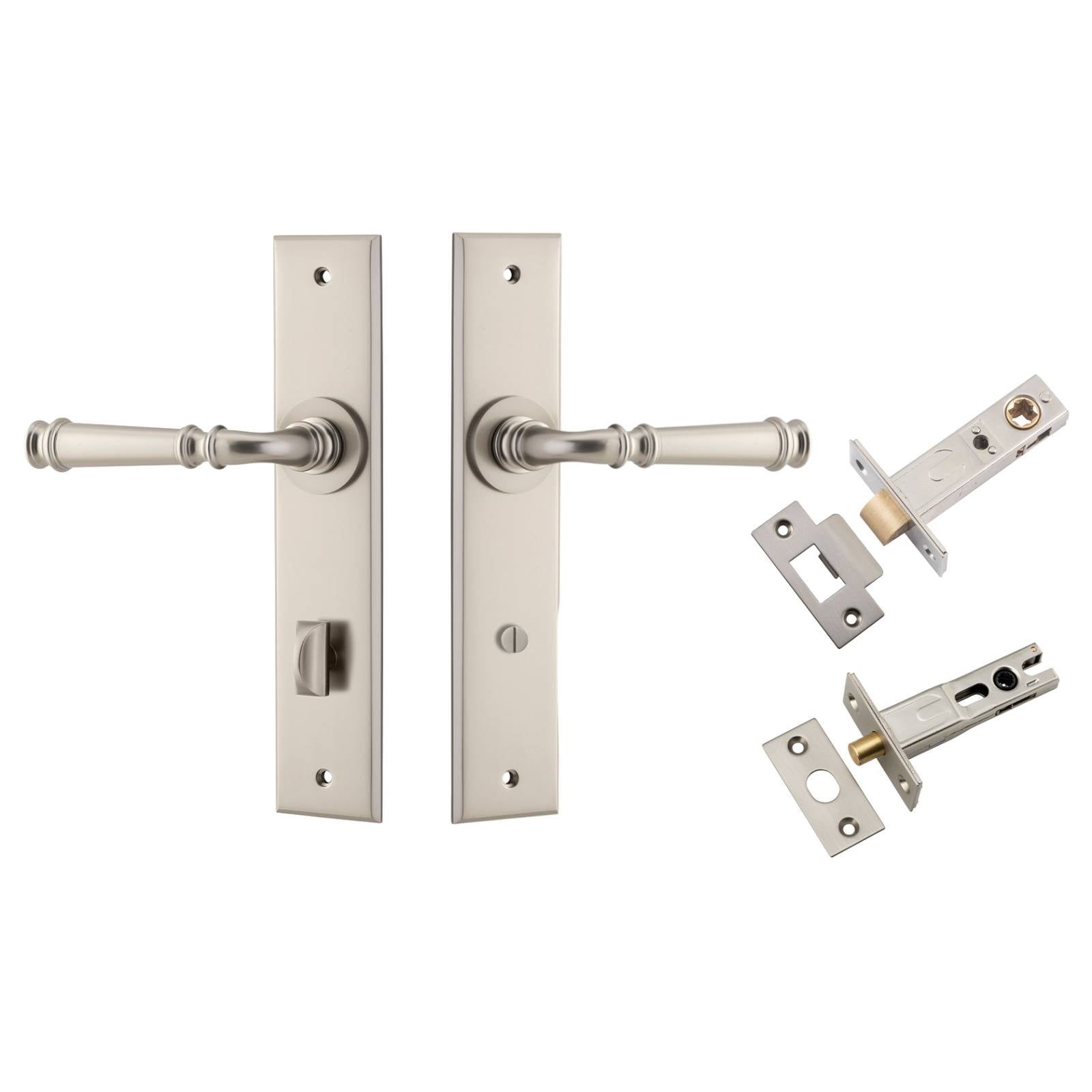 Verona Lever Chamfered  Backplate Privacy Kit w Privacy Turn Satin Nickel