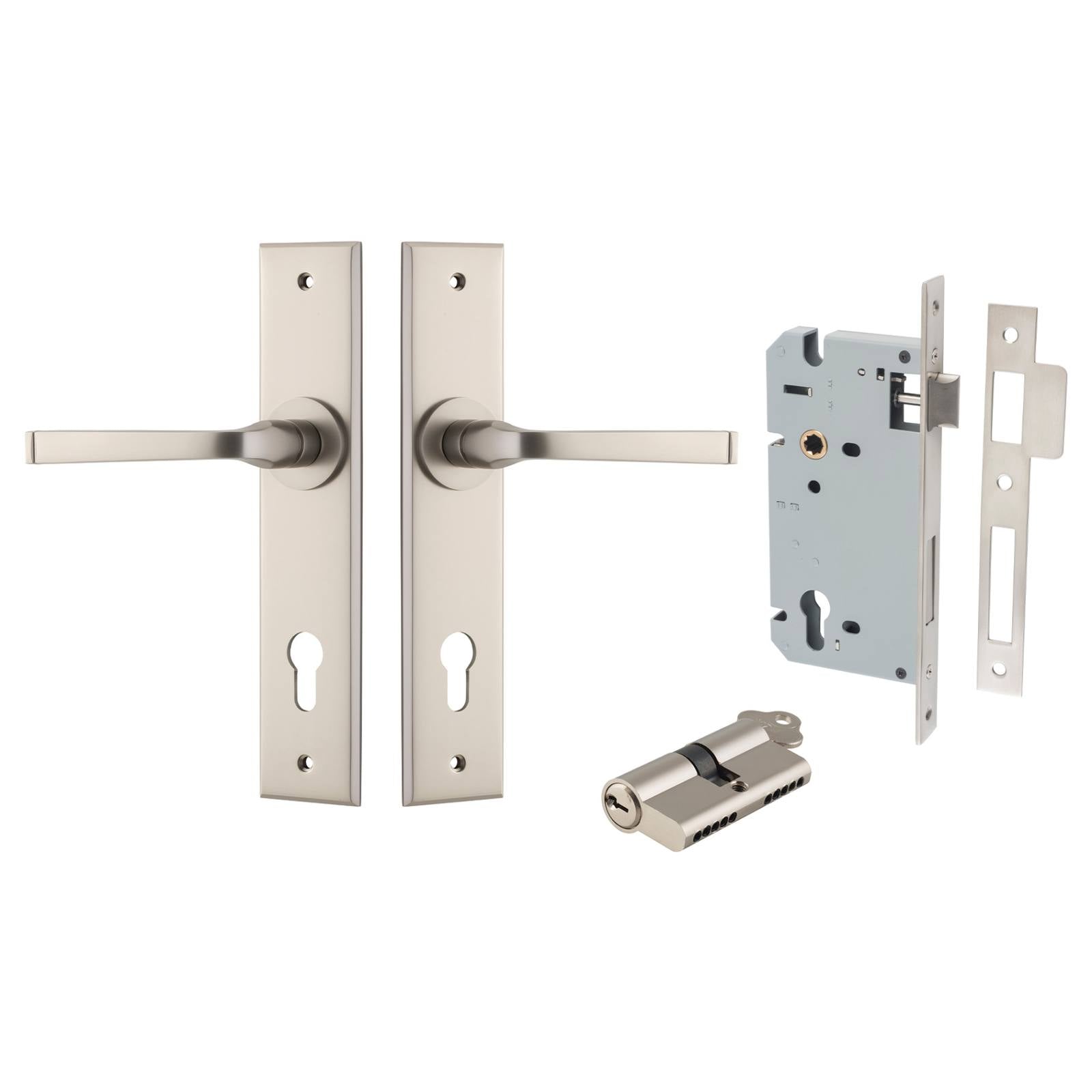 Annecy Lever Chamfered Backplate Entrance Kit w High Security Lock Satin Nickel