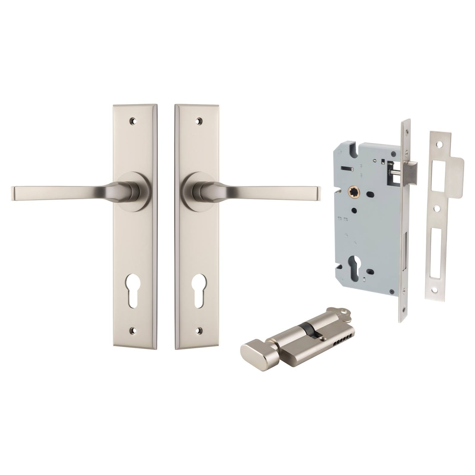 Annecy Lever Chamfered Backplate Entrance Kit w High Security Lock Satin Nickel