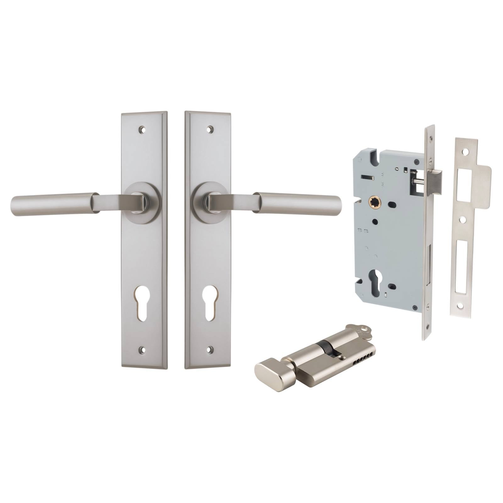 Berlin Lever Chamfered Backplate Entrance Kit w High Security Lock Satin Nickel