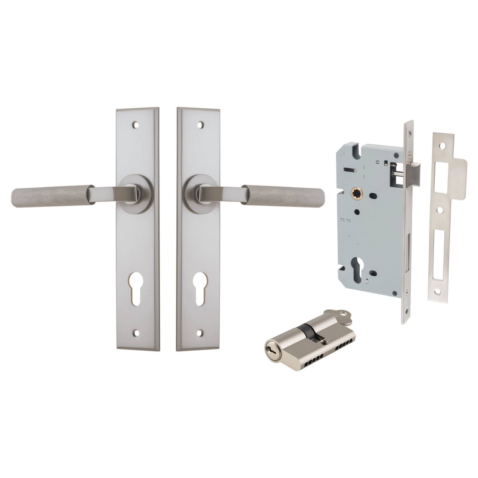 Brunswick Lever Satin Nickel Chamfered Backplate Entrance Kit With High Security Lock