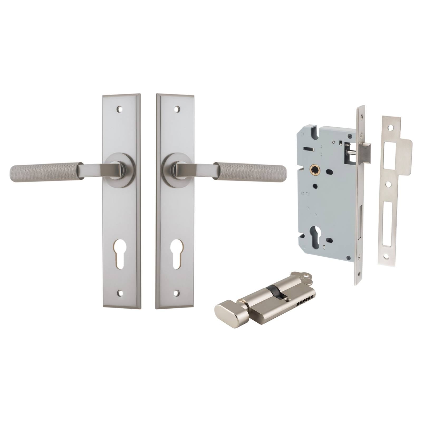 Brunswick Lever Satin Nickel Chamfered Backplate Entrance Kit With High Security Lock